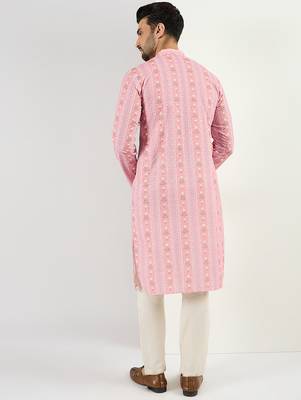 Men peach viscose rayon floral embroidered chikankari straight kurta 4