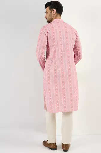 Men peach viscose rayon floral embroidered chikankari straight kurta