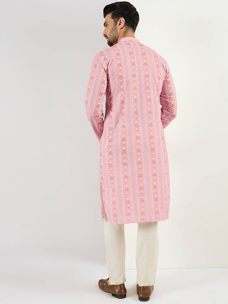 Men peach viscose rayon floral embroidered chikankari straight kurta