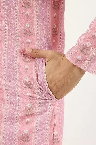 Men peach viscose rayon floral embroidered chikankari straight kurta