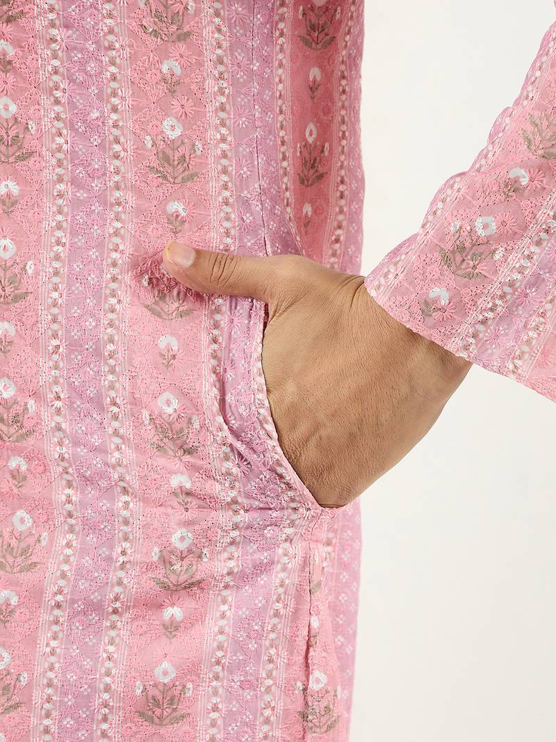 Men peach viscose rayon floral embroidered chikankari straight kurta