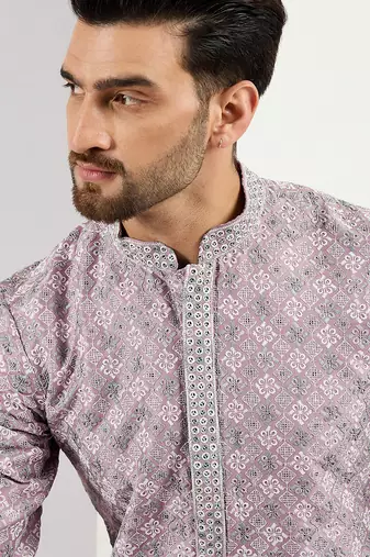 Men lavender viscose rayon solid embroidered chikankari straight kurta