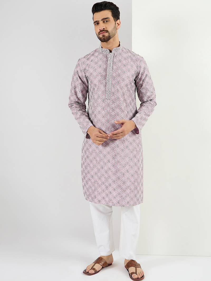 Men lavender viscose rayon solid embroidered chikankari straight kurta