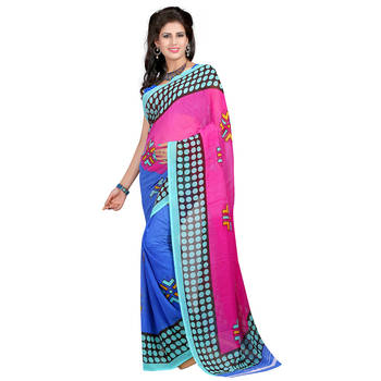 Pink  and  blue printed georgette fancy saree with blouse 1
