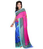 Pink  and  blue printed georgette fancy saree with blouse