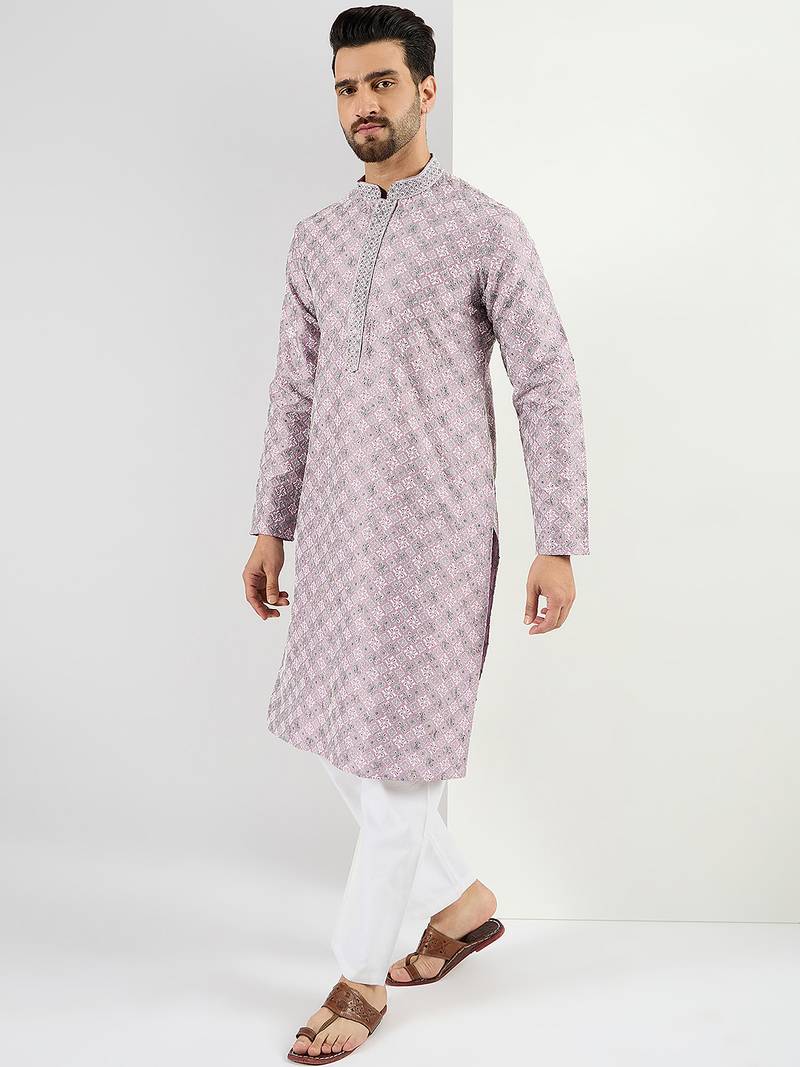 Men lavender viscose rayon solid embroidered chikankari straight kurta