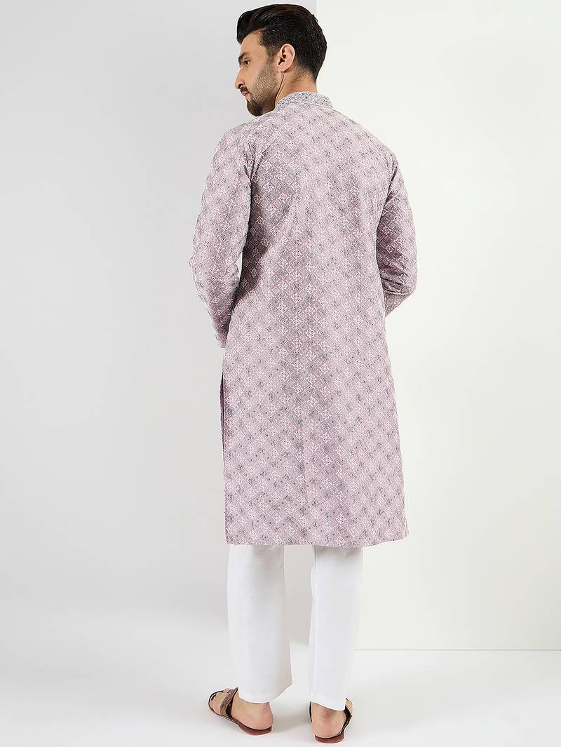 Men lavender viscose rayon solid embroidered chikankari straight kurta