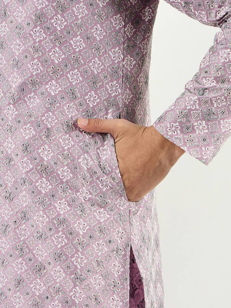 Men lavender viscose rayon solid embroidered chikankari straight kurta