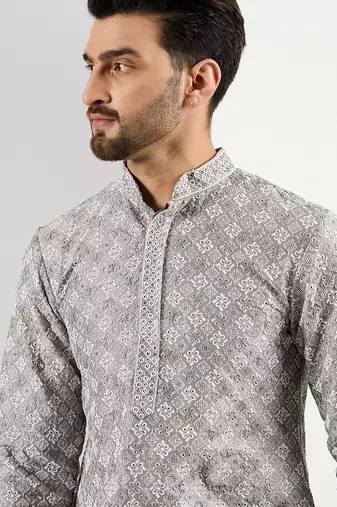 Men grey viscose rayon solid embroidered straight kurta