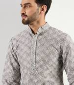 Men grey viscose rayon solid embroidered straight kurta