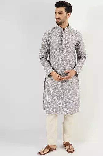 Men grey viscose rayon solid embroidered straight kurta