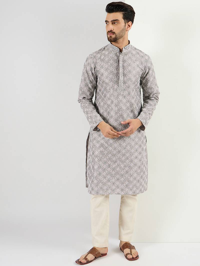 Men grey viscose rayon solid embroidered straight kurta
