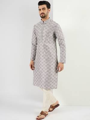 Men grey viscose rayon solid embroidered straight kurta 3