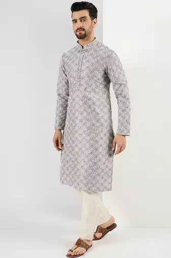 Men grey viscose rayon solid embroidered straight kurta