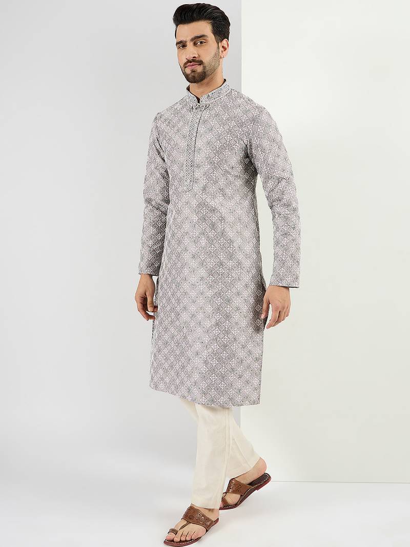 Men grey viscose rayon solid embroidered straight kurta