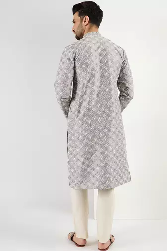 Men grey viscose rayon solid embroidered straight kurta