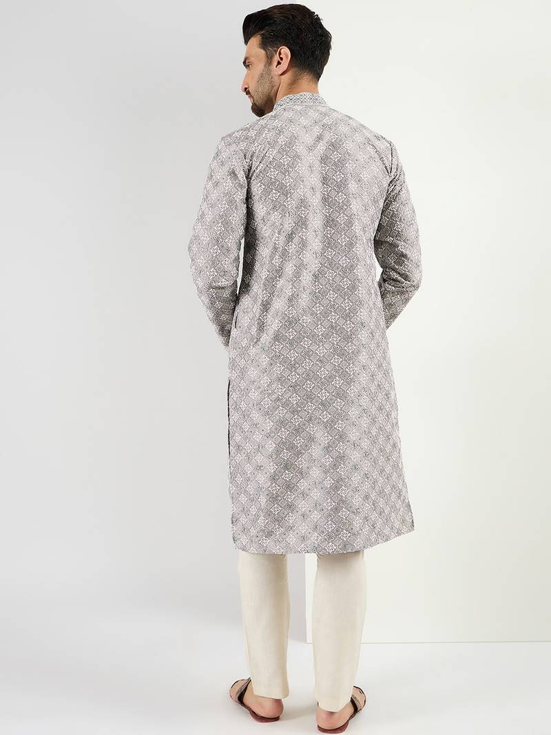 Men grey viscose rayon solid embroidered straight kurta