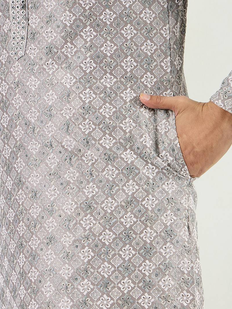 Men grey viscose rayon solid embroidered straight kurta