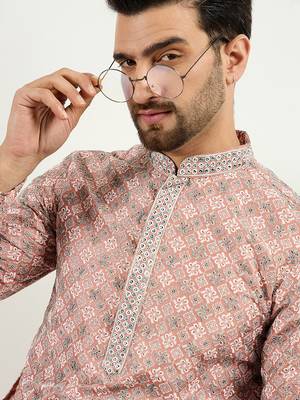 Men peach viscose rayon solid embroidered chikankari straight kurta 1