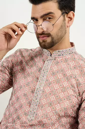 Men peach viscose rayon solid embroidered chikankari straight kurta