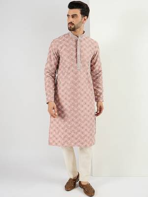 Men peach viscose rayon solid embroidered chikankari straight kurta 2