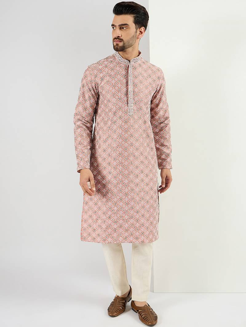 Men peach viscose rayon solid embroidered chikankari straight kurta