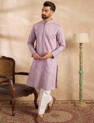 Men lavender silk blend floral embroidered straight kurta sets 1