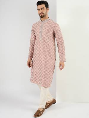 Men peach viscose rayon solid embroidered chikankari straight kurta 3