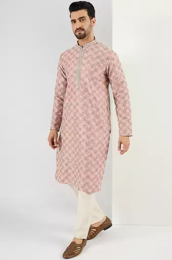 Men peach viscose rayon solid embroidered chikankari straight kurta