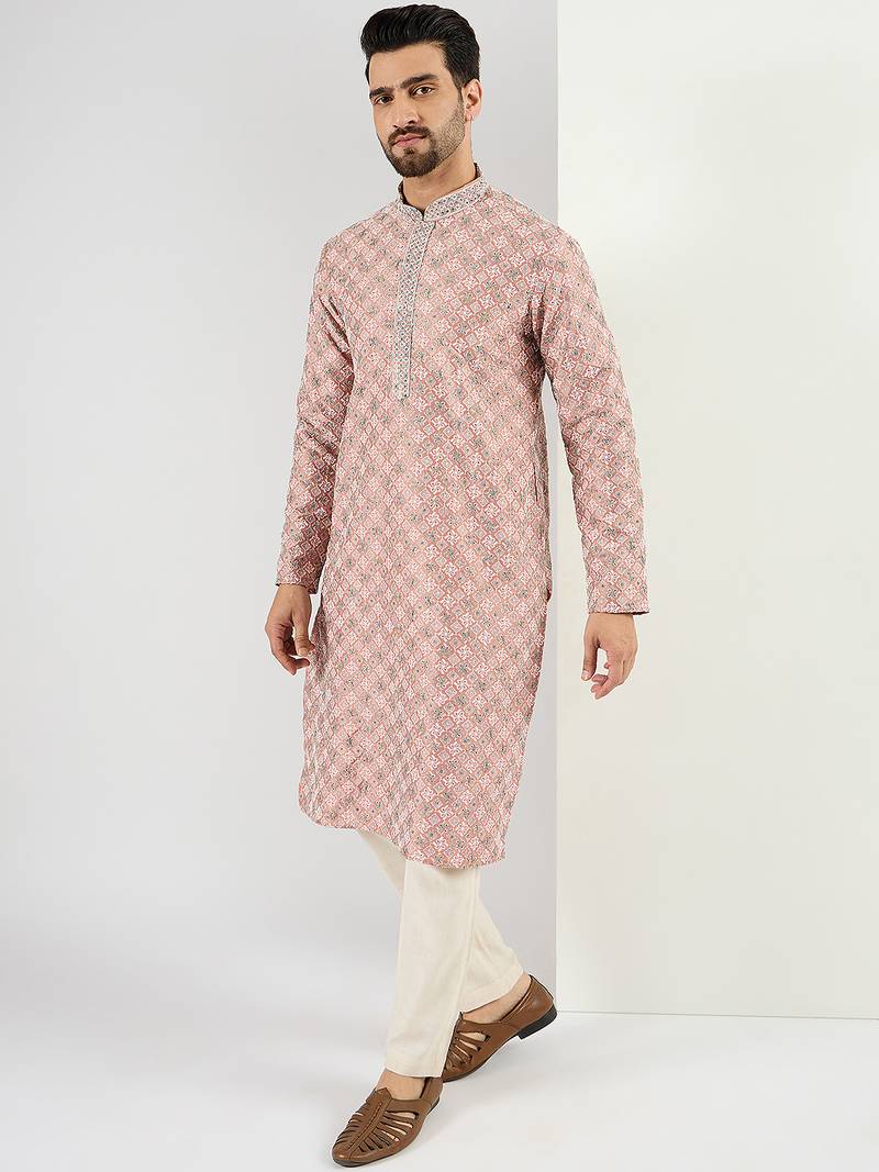 Men peach viscose rayon solid embroidered chikankari straight kurta