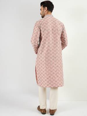 Men peach viscose rayon solid embroidered chikankari straight kurta 4