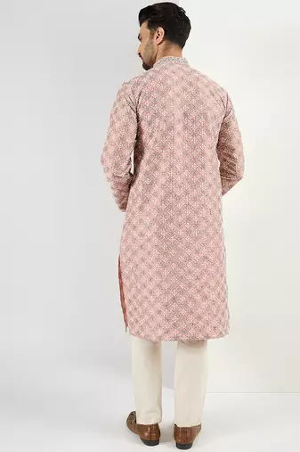 Men peach viscose rayon solid embroidered chikankari straight kurta