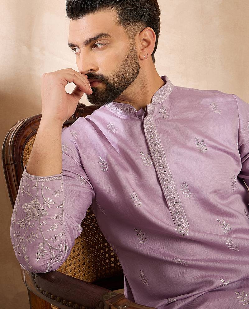 Men lavender silk blend floral embroidered straight kurta sets