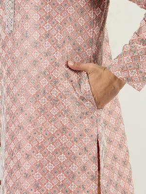Men peach viscose rayon solid embroidered chikankari straight kurta 5
