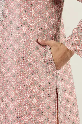Men peach viscose rayon solid embroidered chikankari straight kurta