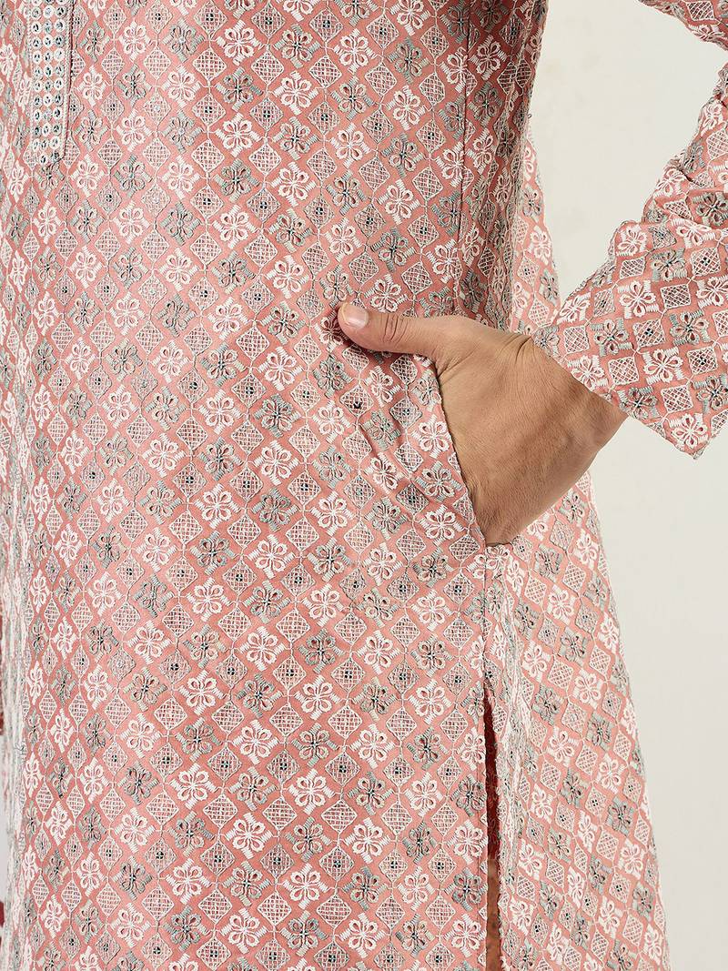 Men peach viscose rayon solid embroidered chikankari straight kurta