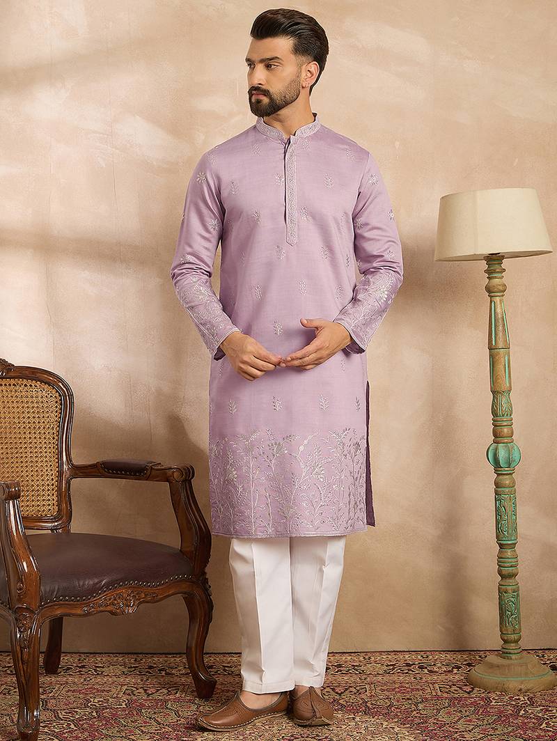 Men lavender silk blend floral embroidered straight kurta sets