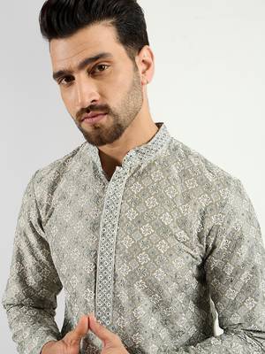 Men green viscose rayon solid embroidered chikankari straight kurta 1
