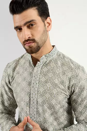Men green viscose rayon solid embroidered chikankari straight kurta