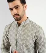 Men green viscose rayon solid embroidered chikankari straight kurta