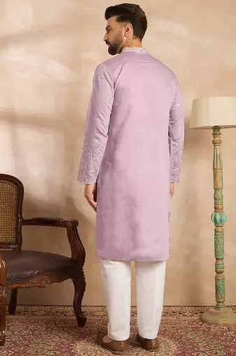 Men lavender silk blend floral embroidered straight kurta sets