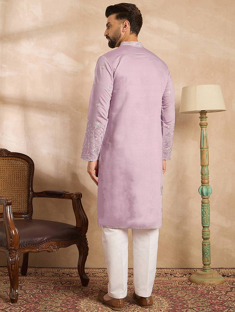 Men lavender silk blend floral embroidered straight kurta sets