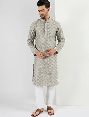 Men green viscose rayon solid embroidered chikankari straight kurta 2