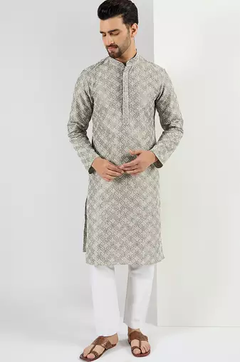 Men green viscose rayon solid embroidered chikankari straight kurta