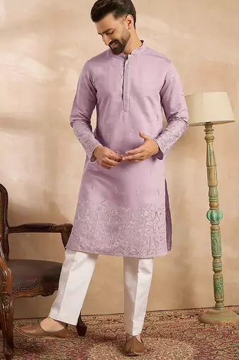 Men lavender silk blend floral embroidered straight kurta sets