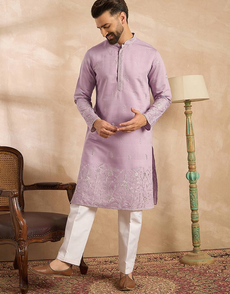 Men lavender silk blend floral embroidered straight kurta sets