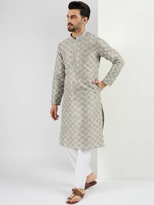 Men green viscose rayon solid embroidered chikankari straight kurta 3