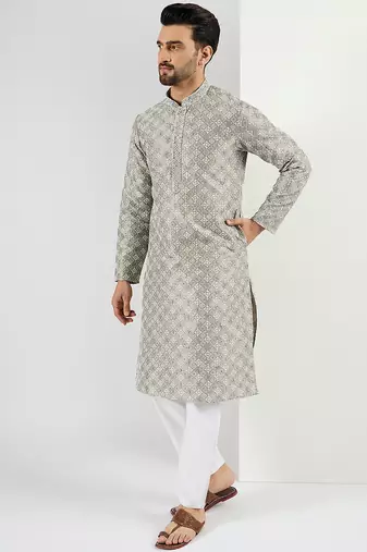 Men green viscose rayon solid embroidered chikankari straight kurta
