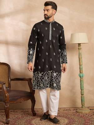 Men black silk blend solid embroidered straight kurta sets 1