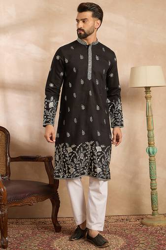 Men black silk blend solid embroidered straight kurta sets
